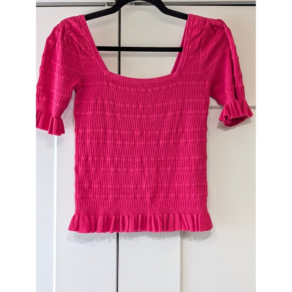 Adam Lippes Collective Hot Pink Square Neck Ruffle Hem Smocked Knit Top M